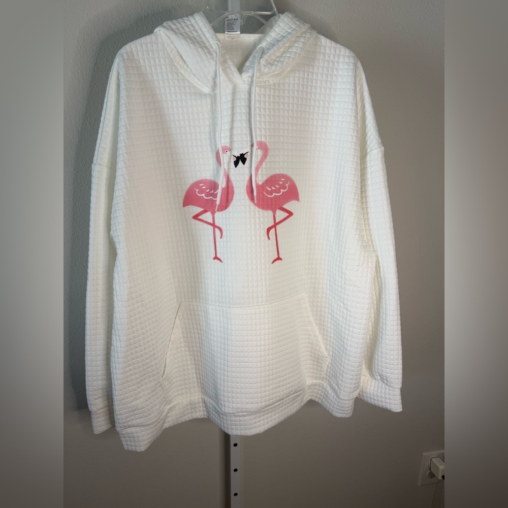 NWOT White Waffle-Knit Hoodie with Pink Flamingo Graphic - Picture 3 of 6